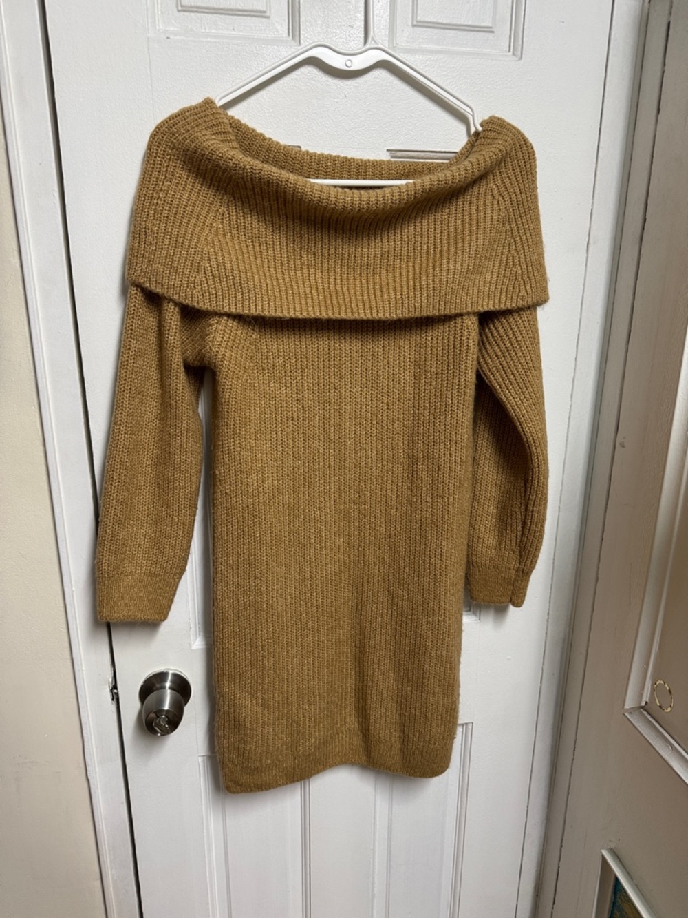 Mango Off-the-Shoulder Ribbed Knit Sweater Dress in Camel